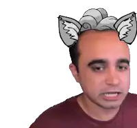 a bald man wearing a cat ear headband looks at the camera