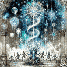 a painting of a group of people standing in front of a spiral of dna
