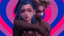 a man and a woman hugging each other with a heart in the background
