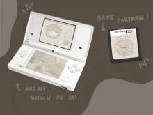 a white nintendo ds with a game cartridge