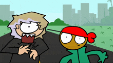 a cartoon character with a red hat stands next to another cartoon character