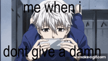 a boy with white hair is playing a video game and says me when i dont give a damn