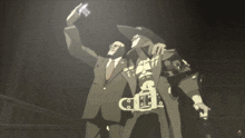 a cartoon of two men standing next to each other with the letter a on the bottom left