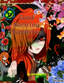 a picture of a girl with red hair and the words " good morning sunshine "