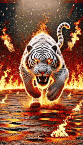 a tiger is running through a fire filled room .
