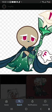 a screenshot of a cookie dough character holding a flower