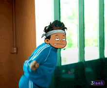 a cartoon of a boy wearing a headband and a blue jacket with 3look written on the bottom