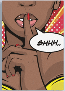 a comic book illustration of a woman holding her finger to her mouth and a speech bubble that says shhh