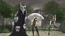 a video game character standing next to a giant monster