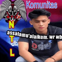 a man wearing a shirt that says supreme sits in front of a sign that says komunitas