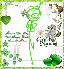 a picture of a teddy bear with a flower and the words good morning