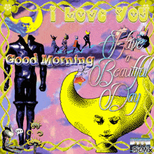 a picture of a man standing next to a crescent moon that says good morning