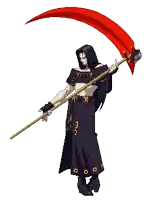 a pixel art of a man holding a scythe