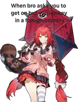 a girl with red hair is holding a red umbrella and a sword