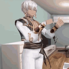 a video game character is standing in a living room with his eyes closed