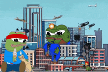 a cartoon of two frogs standing in front of a city with planes flying overhead
