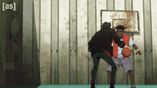 two men are playing basketball in front of a basketball hoop and the words [ as ] are above them