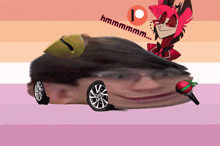 a picture of a car with a cartoon character behind it that says hmmmm