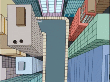 a cartoon drawing of a city with the word kai on the bottom left