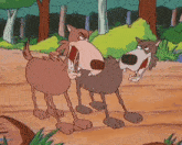 two cartoon dogs are standing next to each other on a dirt road .