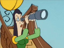 a cartoon of a woman looking through a telescope on a ship