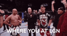 a group of men are standing in a boxing ring with the words where you at lgn on the bottom