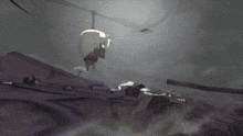 a cartoon character is flying through the air with a purple background