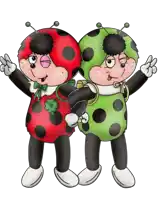 a red ladybug and a green ladybug are standing next to each other and giving the peace sign