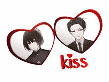 a couple of heart shaped glasses with the word kiss on the bottom