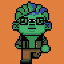 a pixel art of a green monster with glasses and a blue mohawk