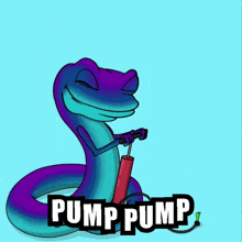 a cartoon of a lizard pumping a green object with the words pump pump written below it