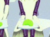 a cartoon character is sitting on a chair with a green apple on her lap .