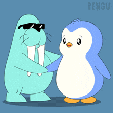 a penguin and a walrus are standing next to each other and the word pengu is on the bottom left