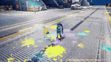 a video game is being played with a purple and yellow splash on the floor
