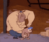 two cartoon characters are standing next to each other and one of them has a blue hat on