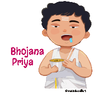 a cartoon of a man holding a bowl of food with the words bhojana priya below him