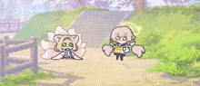 two cartoon characters are standing next to each other in a park .