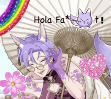 a cartoon character with purple hair is holding an umbrella with the words hola fa written on it