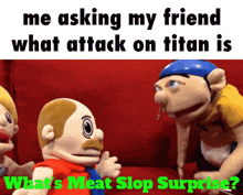 two stuffed animals are sitting on a red couch talking to each other with the caption " me asking my friend what attack on titan is