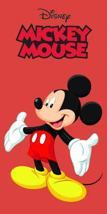 a cartoon of mickey mouse is on a red background