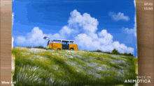 a painting of a yellow van on top of a grassy hill
