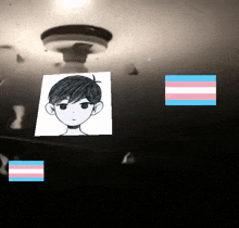 a black and white drawing of a boy with a transgender flag behind him