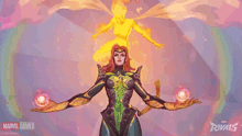 a drawing of a woman with a marvel games logo in the background