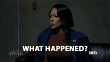 a woman in a suit is asking what happened on oval
