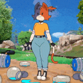 a cartoon drawing of a cat standing in front of a pile of bottles