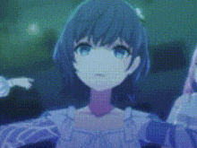 a girl with blue hair and blue eyes is standing next to another girl in a video game .