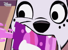 a cartoon dalmatian is eating a purple item with disney written on the bottom