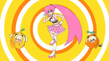 a girl with pink hair is standing in front of a yellow and orange circle