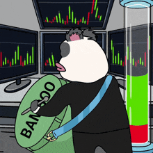 a cartoon of a panda with a green bag that says bamboo on it