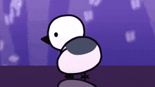 a cartoon bird with a purple background and a black beak